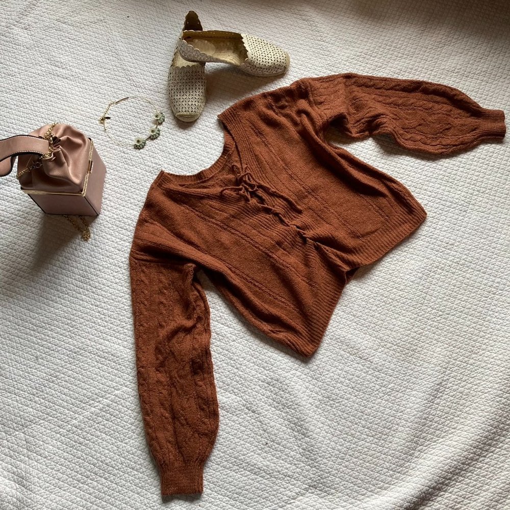 SO Goods For Life Reversible Corset Tie-Up Brown Cropped Sweater sz S